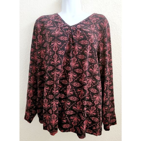 Charter Club Woman Black Pink Floral Pleated V Neck Top 2X Plus Lightweight Soft - Picture 1 of 4
